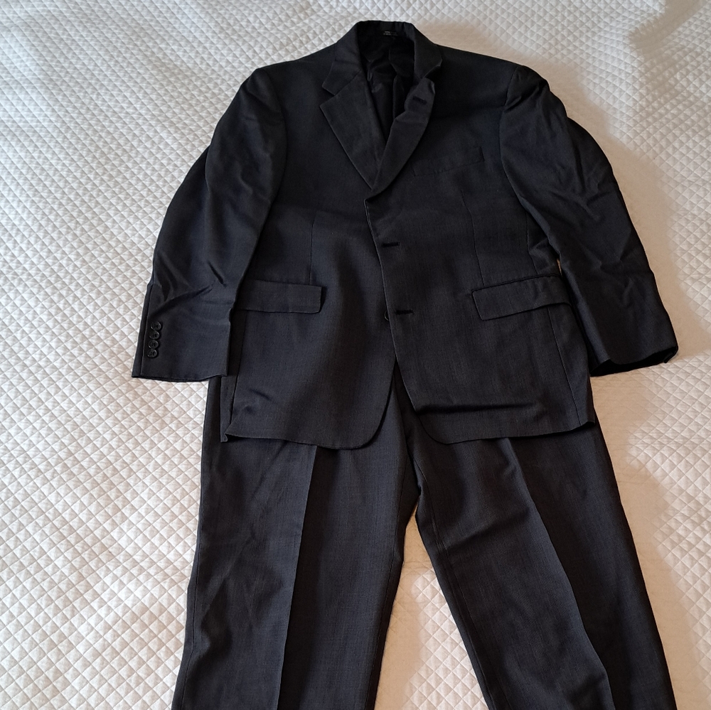 Hart Scaffner Marx Suit Mens 40R Gray Windowpane 2 Button Wool Pleated Pants